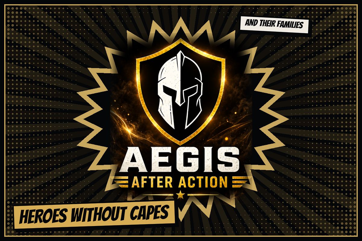 Aegis After Action shield and Spartan helmet logo in a black and gold comic panel with a caption reading Heroes Without Capes